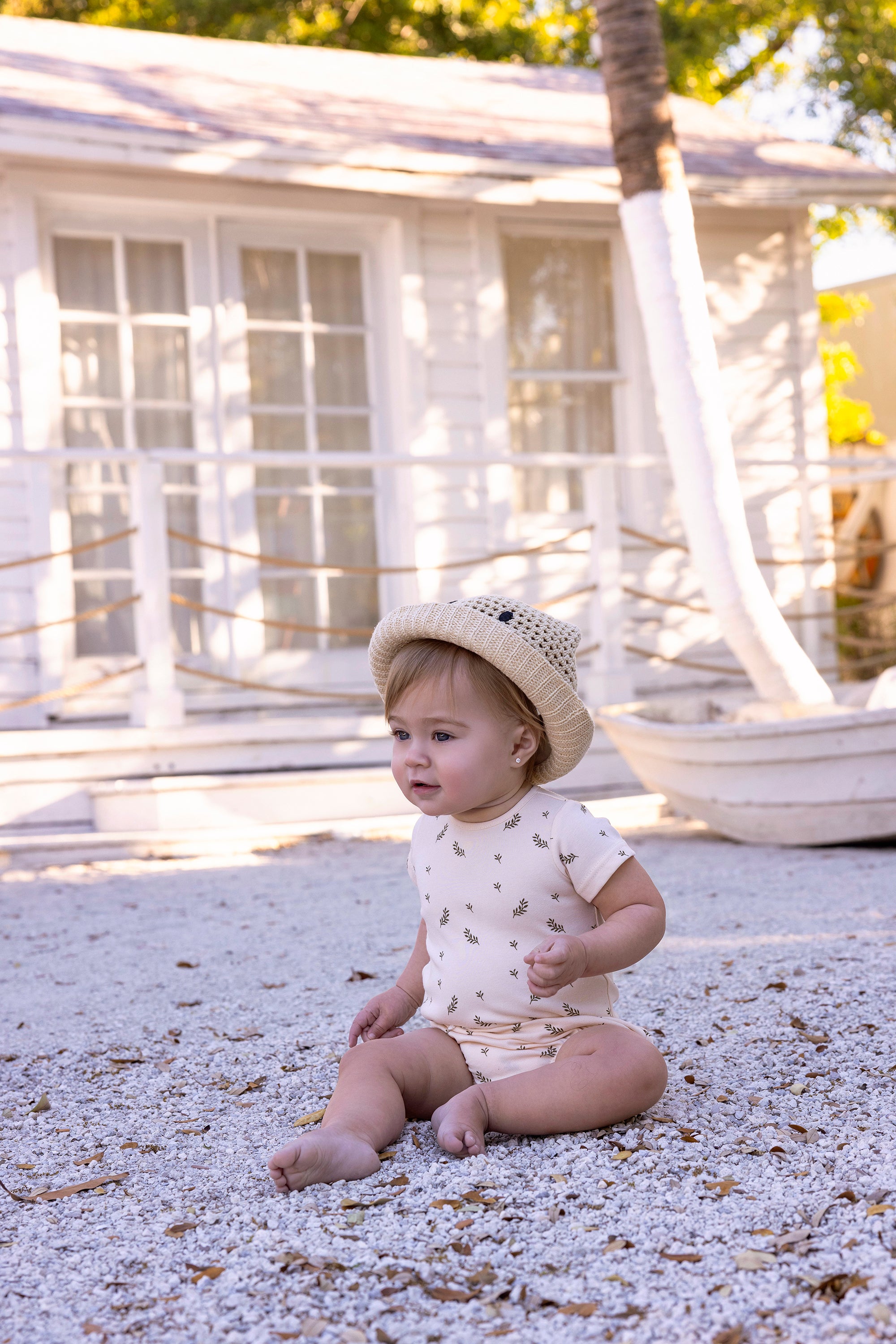 Girls Short Sleeve Scattered Leaf Print Onesie Bloomer Set