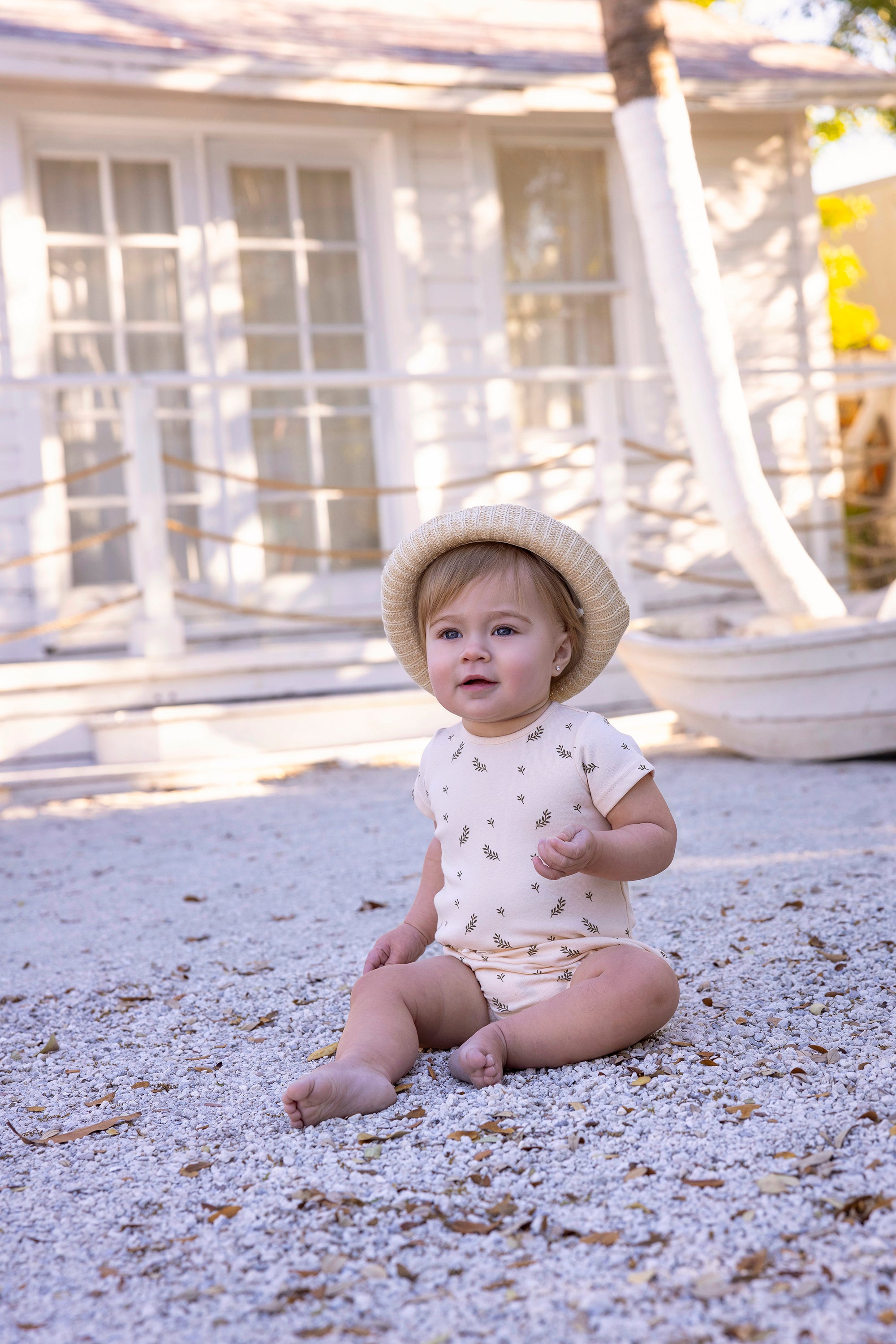 Girls Short Sleeve Scattered Leaf Print Onesie Bloomer Set
