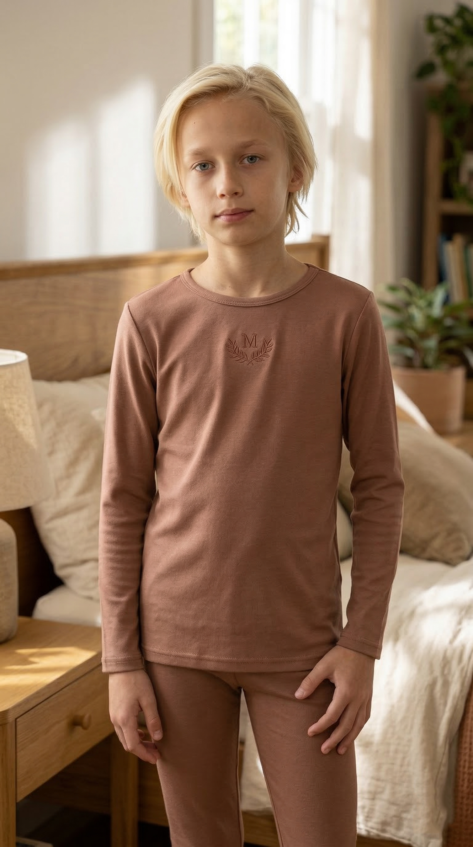 Leaf Embroidered Loungewear: Mocha Mousse Set