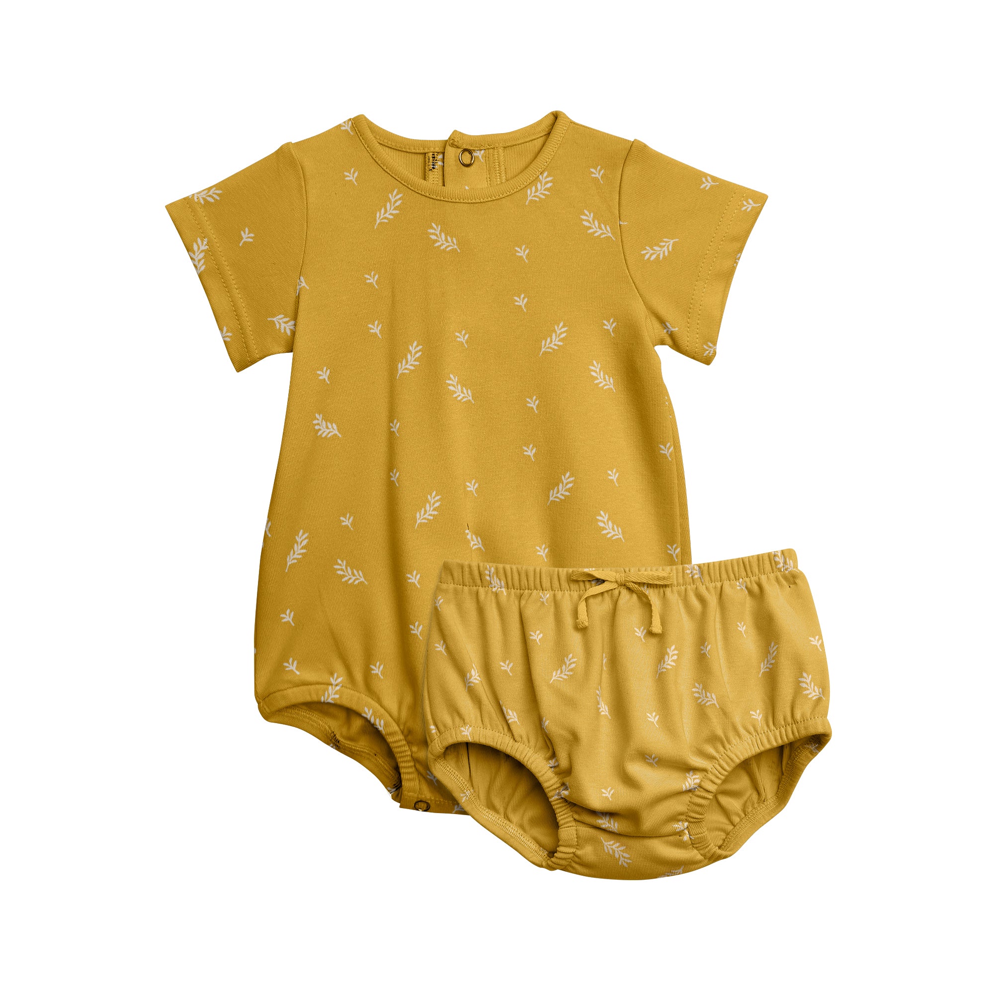 Girls Short Sleeve Scattered Leaf Print Onesie Bloomer Set