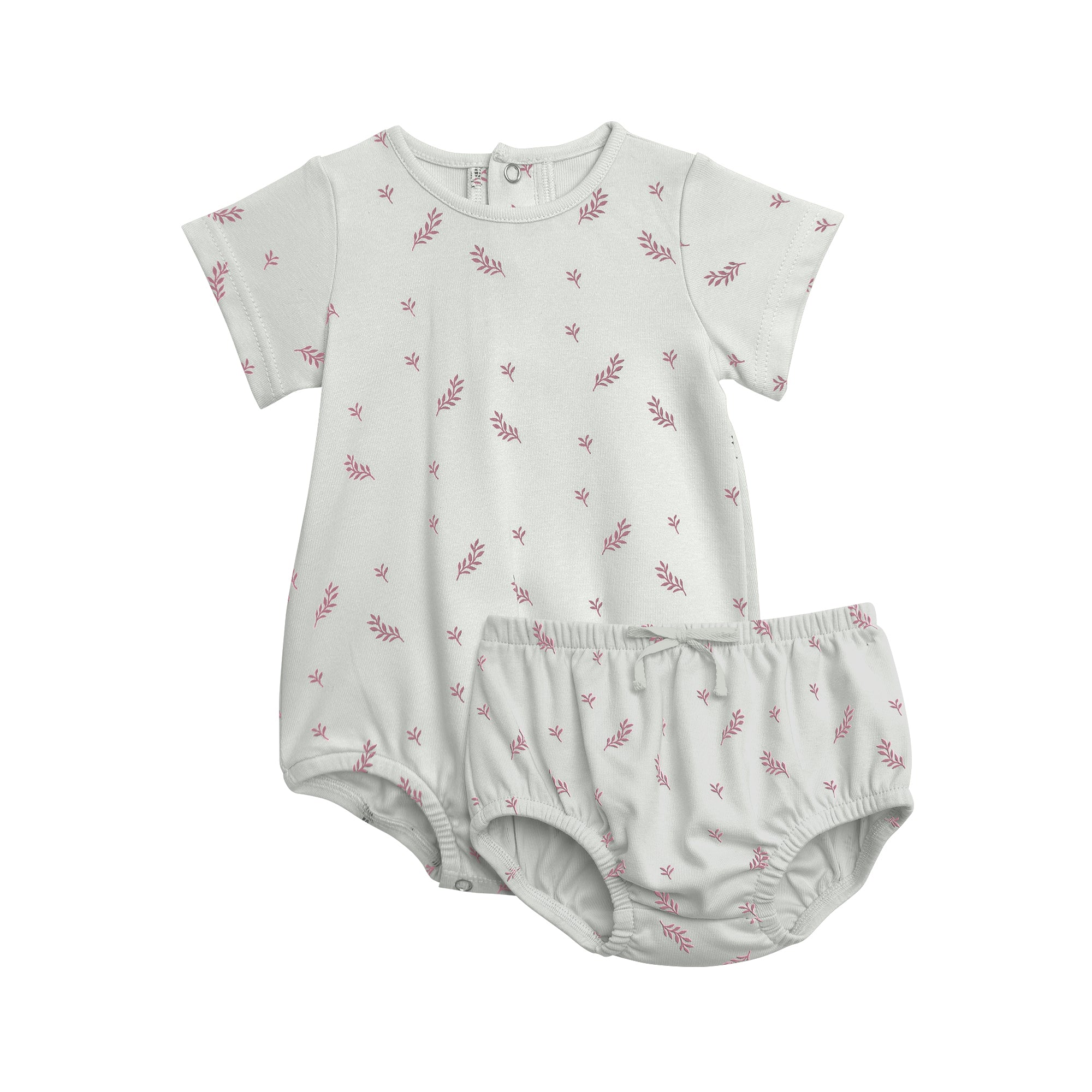 Girls Short Sleeve Scattered Leaf Print Onesie Bloomer Set
