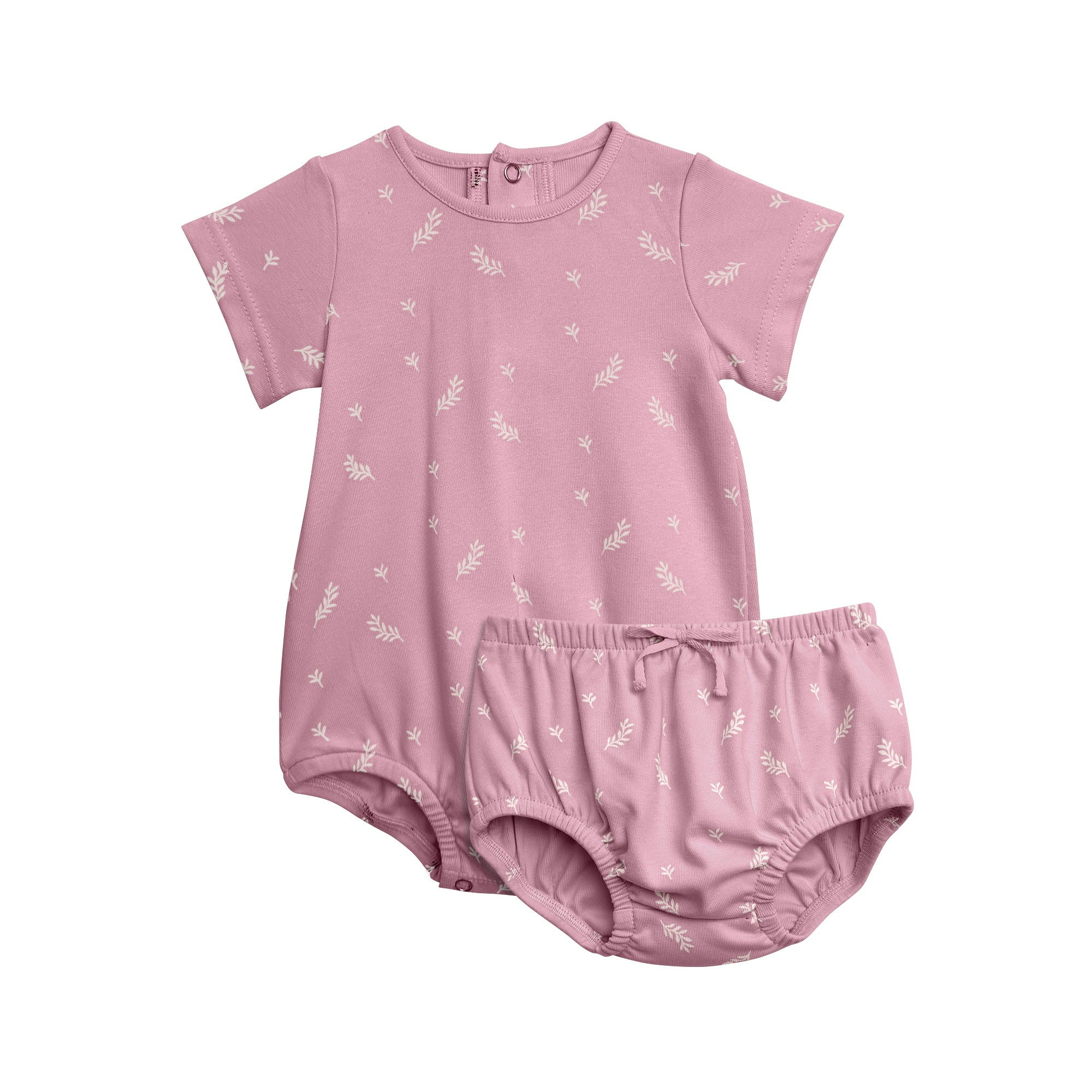 Girls Short Sleeve Scattered Leaf Print Onesie Bloomer Set