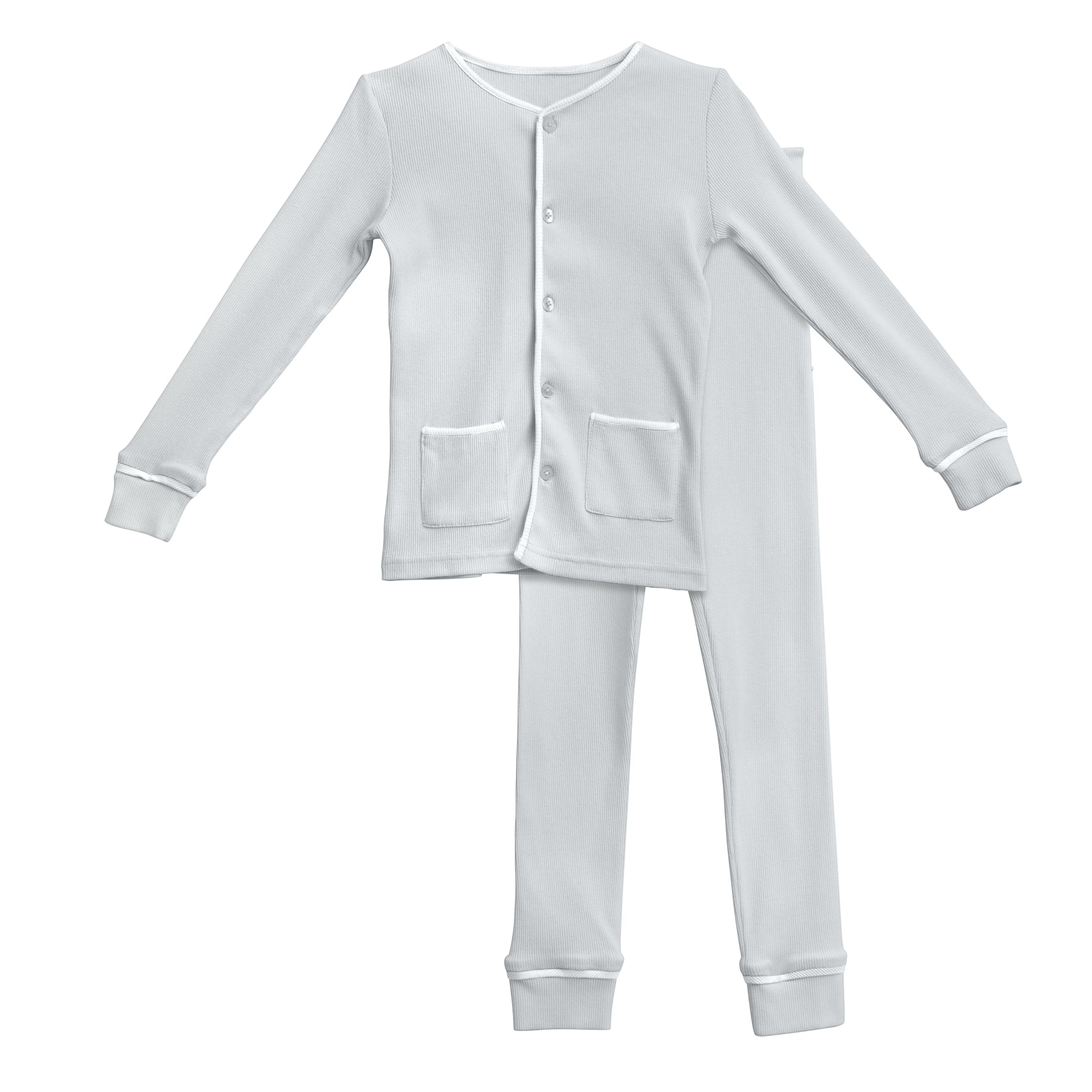 Mirellie light grey ribbed cotton lounge wear set with button front top and two pockets.