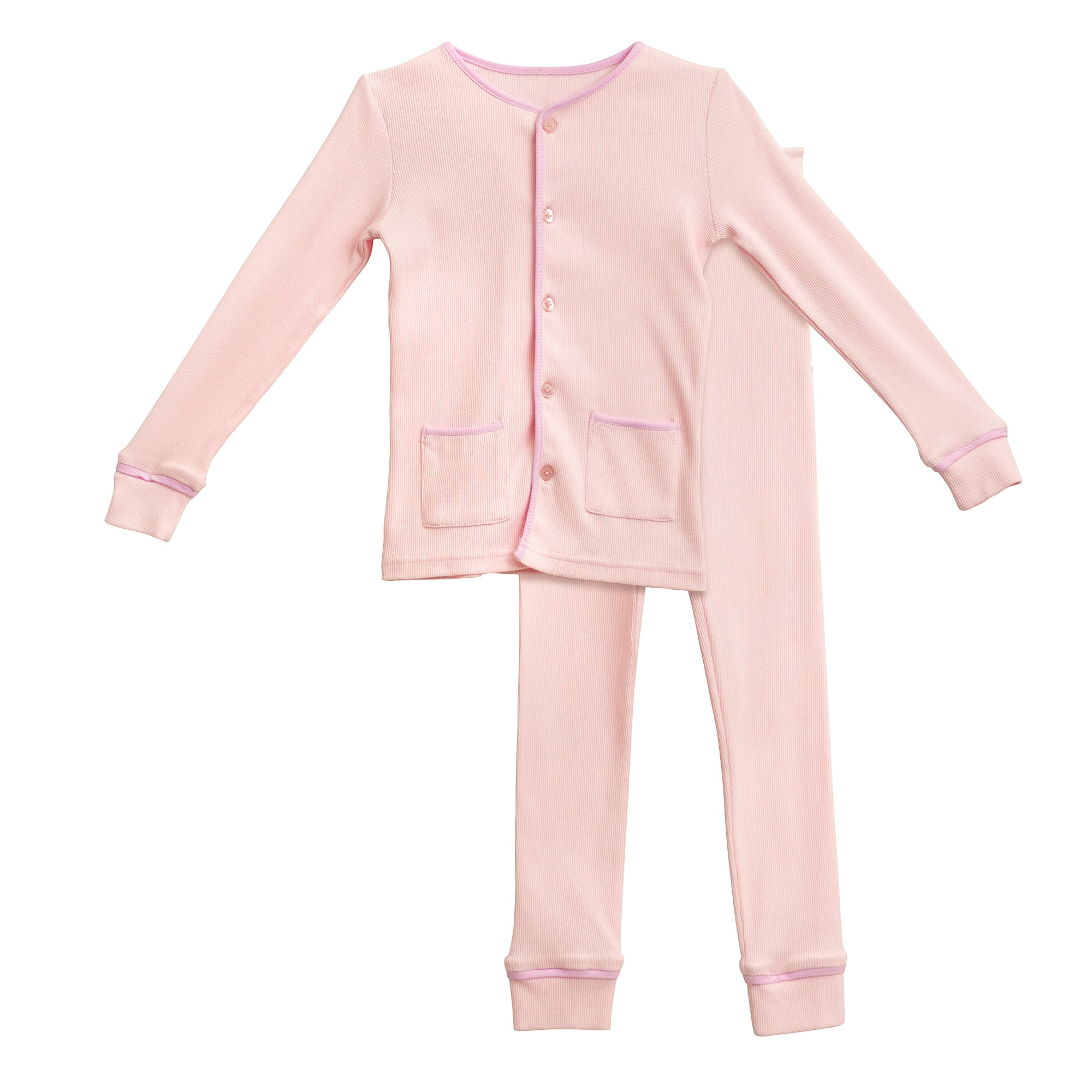 Mirellie light pink ribbed cotton long sleeve pajama set with purple trim and two front pockets.
