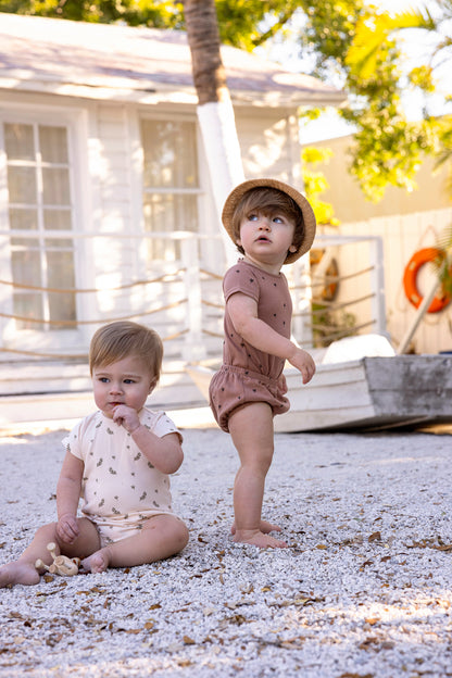 Girls Short Sleeve Scattered Leaf Print Onesie Bloomer Set