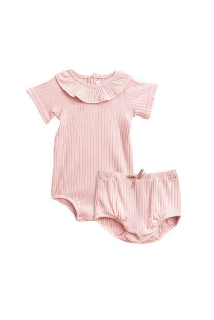 Girls Short Sleeve Ruffle Neck Onesie Bloomer Set