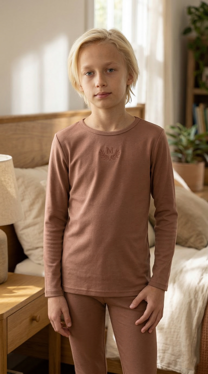 Leaf Embroidered Loungewear: Mocha Mousse Set