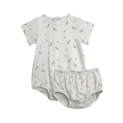 Girls Short Sleeve Scattered Leaf Print Onesie Bloomer Set