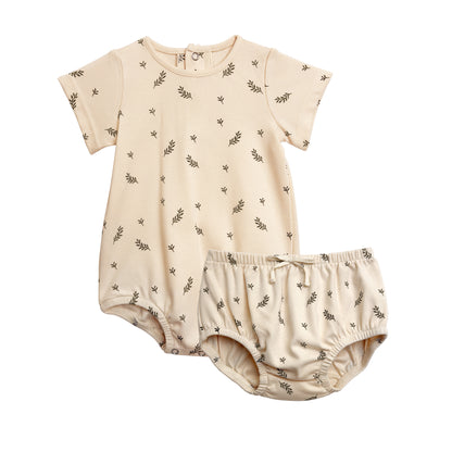 Girls Short Sleeve Scattered Leaf Print Onesie Bloomer Set