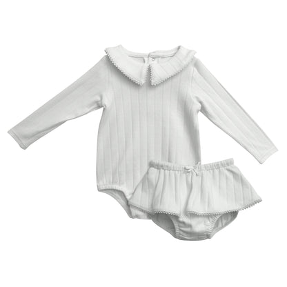 Girls Long Sleeve Pointed Collar Onesie Bloomer Skirt Set